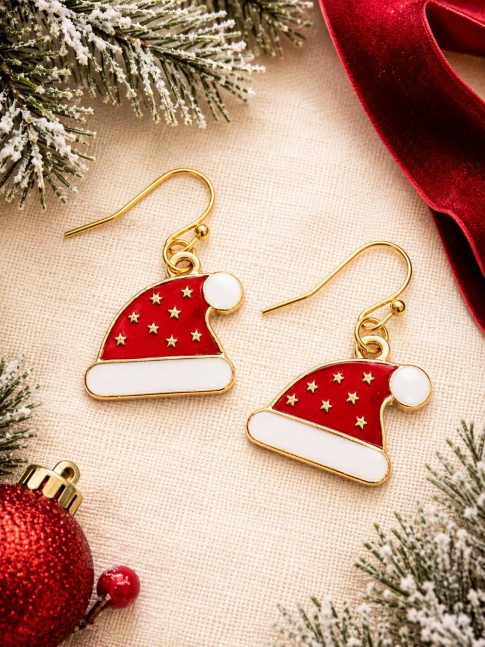 Christmas Santa Hat Earrings Red Enamel Gold Tone Star Dangle